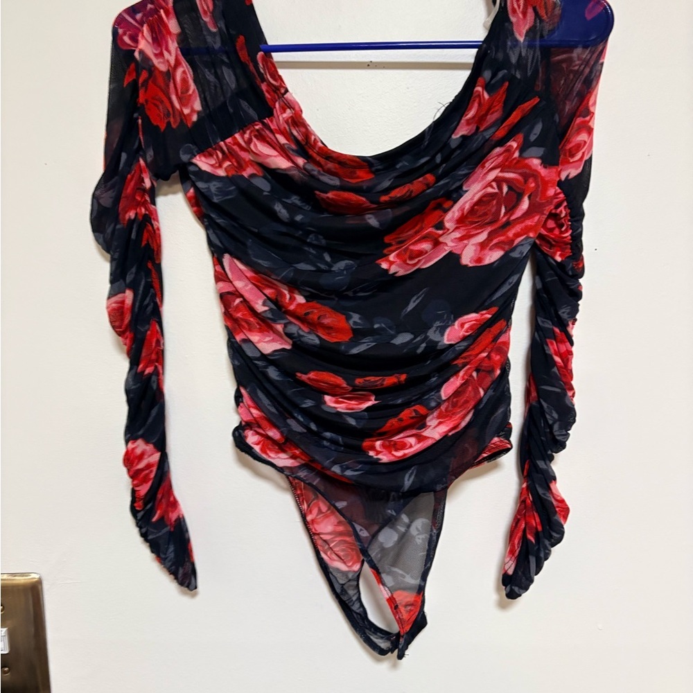 Rue21 Black and Red Floral Bodysuit